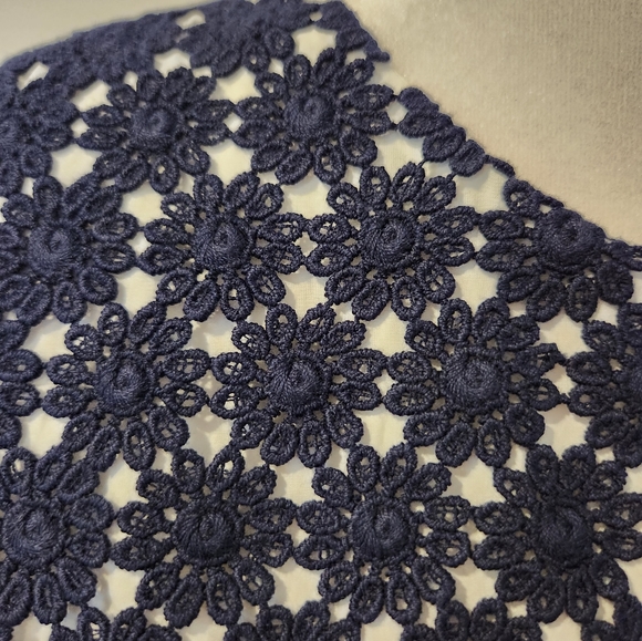 White 100% Cotton Dress with Blue Floral Crochet at Neckline and Hemline - Picture 7 of 13